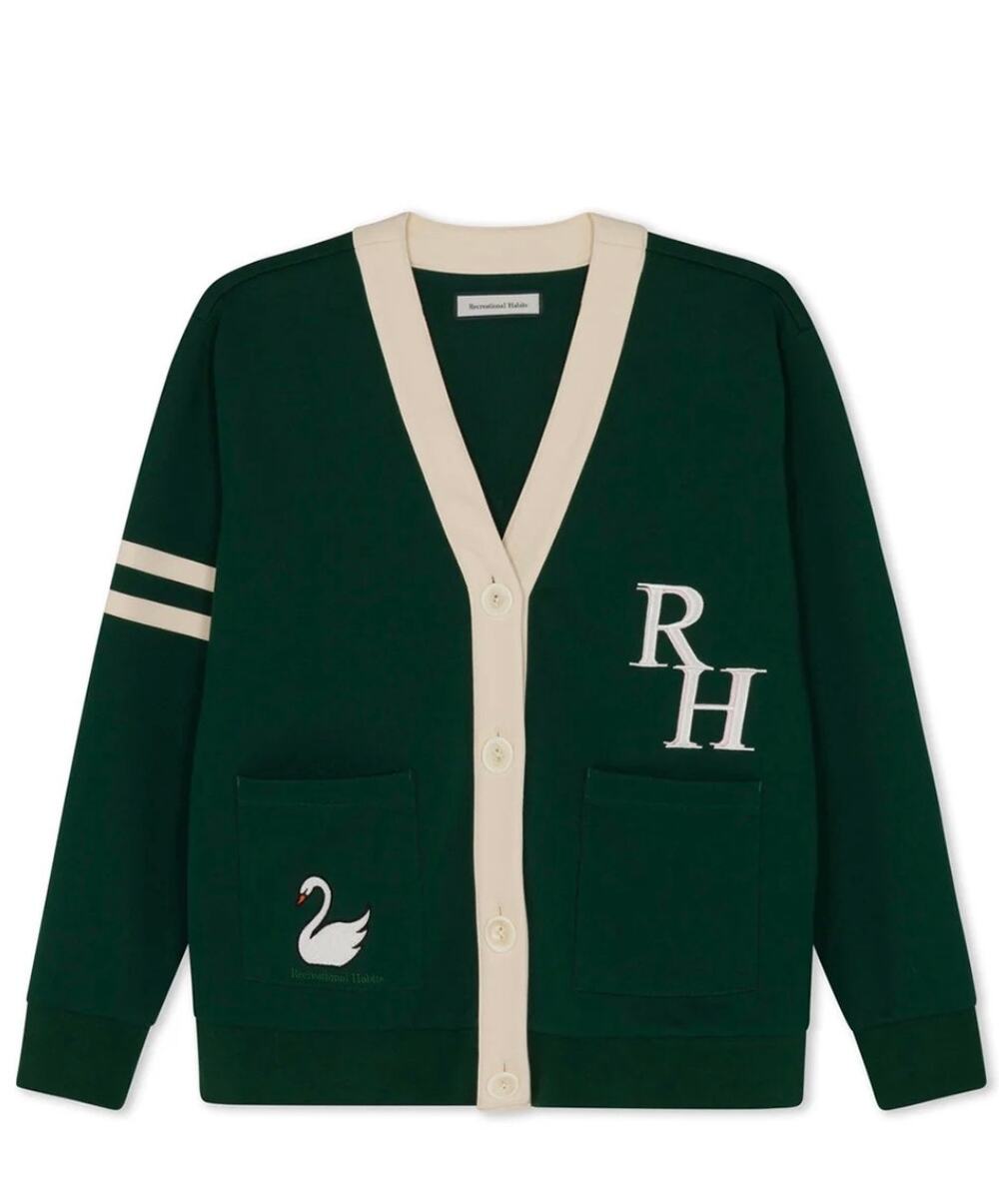 Recreational Habits Green Cream Hampton Interlock Collegiate Cardigan Medium